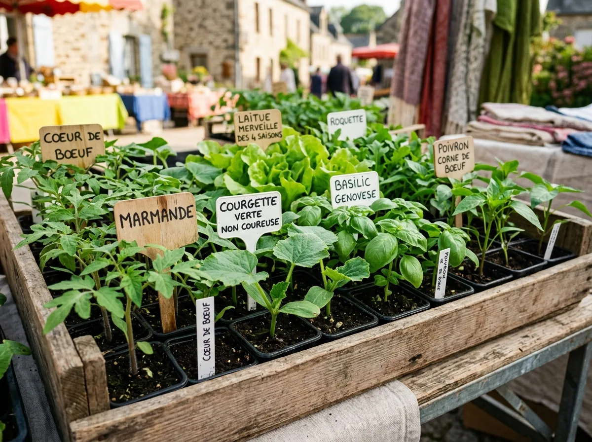 Plateau de plants de légumes en godets sur un étal de marché breton, tomates, courgettes et herbes aromatiques, lumière matinale