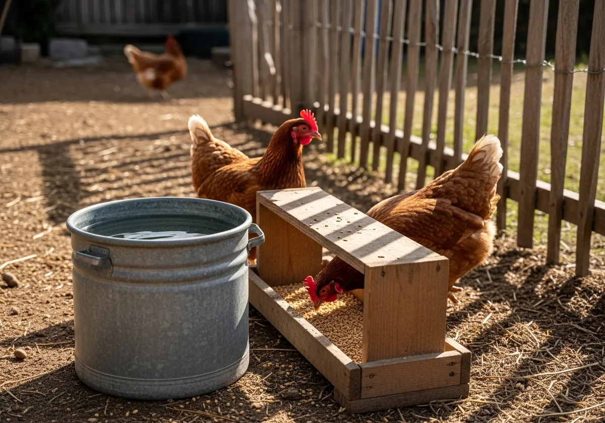 Abreuvoir et mangeoire dans un enclos de basse-cour avec deux poules le matin