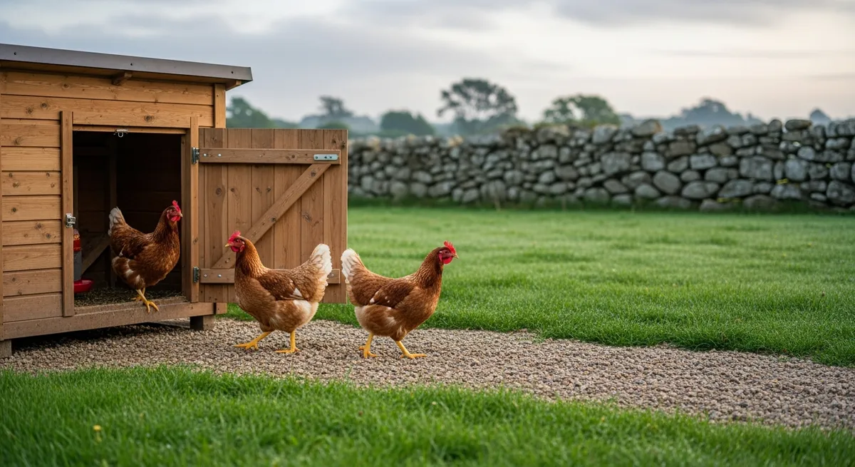 Poulailler en bois dans un jardin breton au petit matin, poules sortant à l'aube