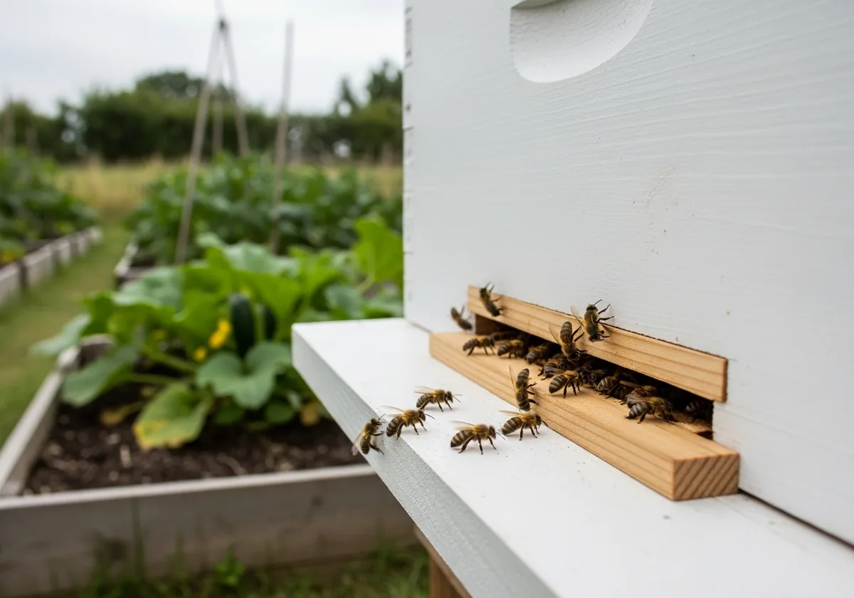 Entrée de ruche Dadant réduite à 3 cm avec un réducteur en bois, abeilles rassemblées au seuil, jardin breton flou en arrière-plan