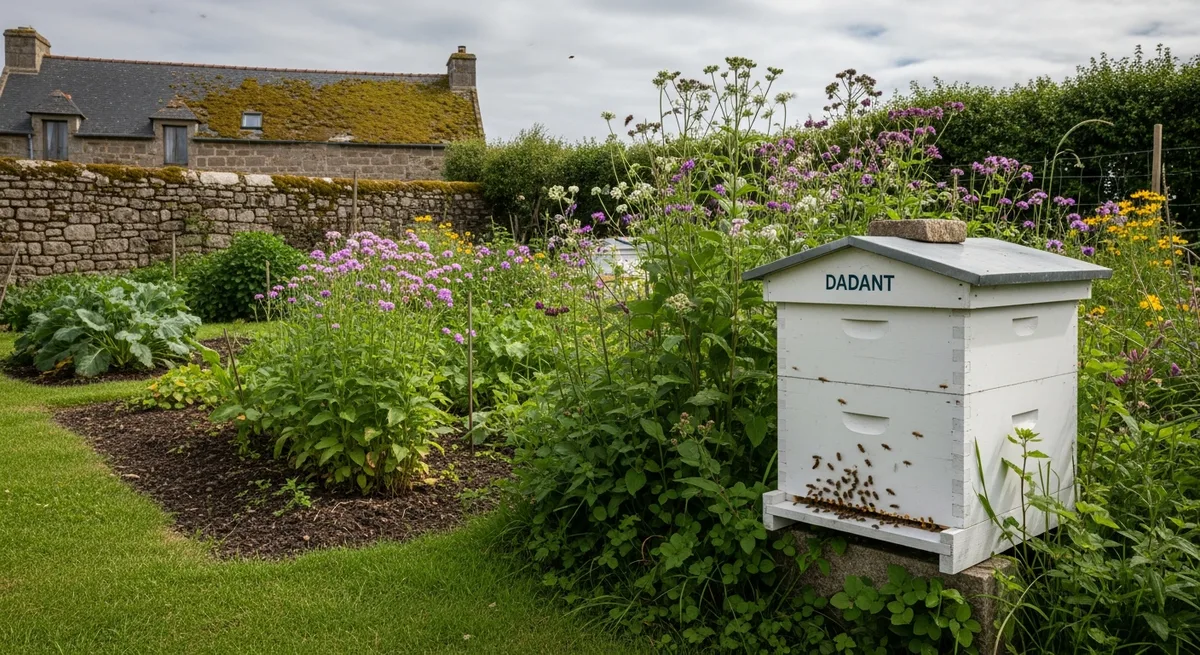 Ruche en bois peinte en blanc dans un jardin breton, abeilles en activité autour de l'entrée de la ruche