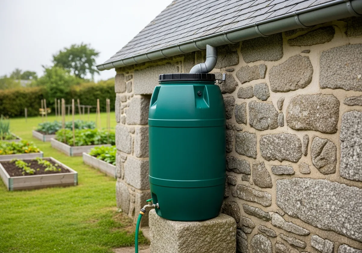 Cuve de récupération d'eau de pluie reliée à une gouttière de hangar breton, avec tuyau connecté pour arroser le potager