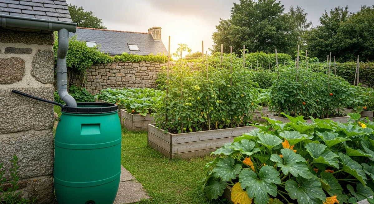 Cuve de récupération d'eau de pluie connectée à un potager breton en planches surélevées