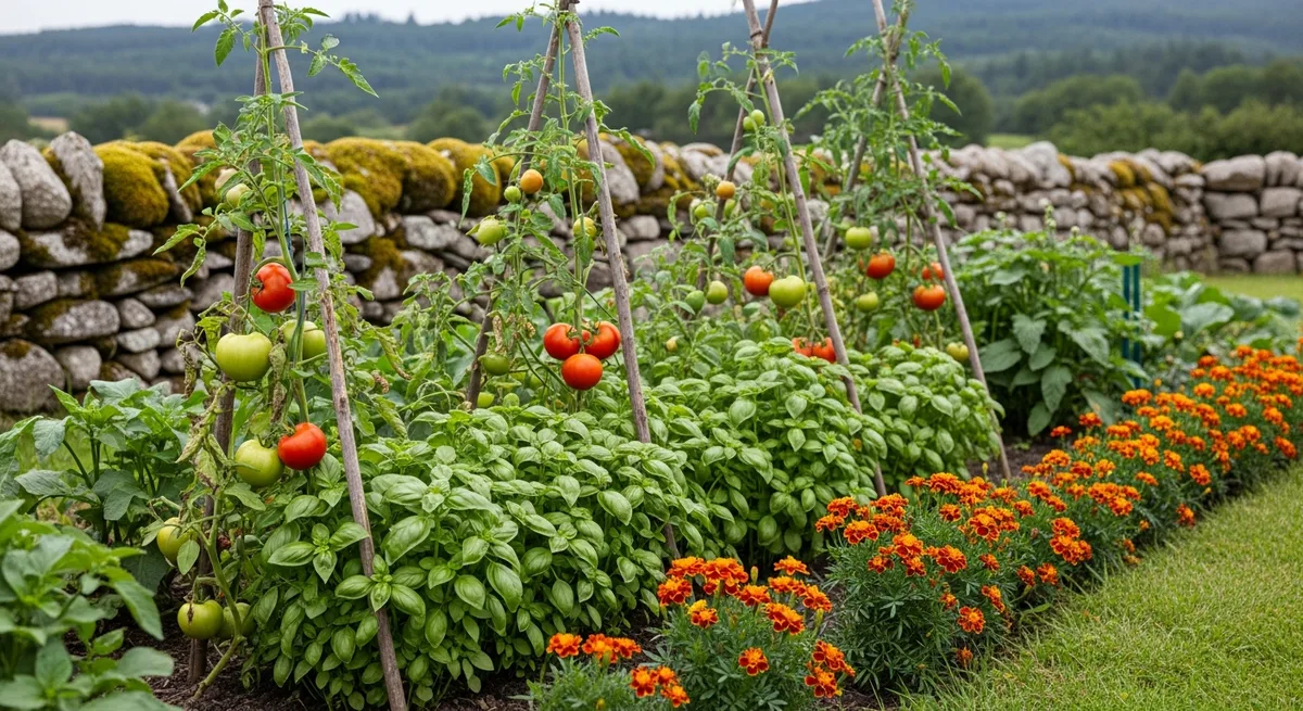 Rang de tomates avec basilic et oeillets d'Inde plantés au pied, potager de la Ferme de Lezavarn