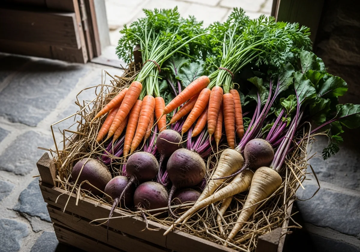 Carottes, betteraves et panais fraîchement récoltés dans une caisse en bois garnie de paille, prêts pour le stockage en cave
