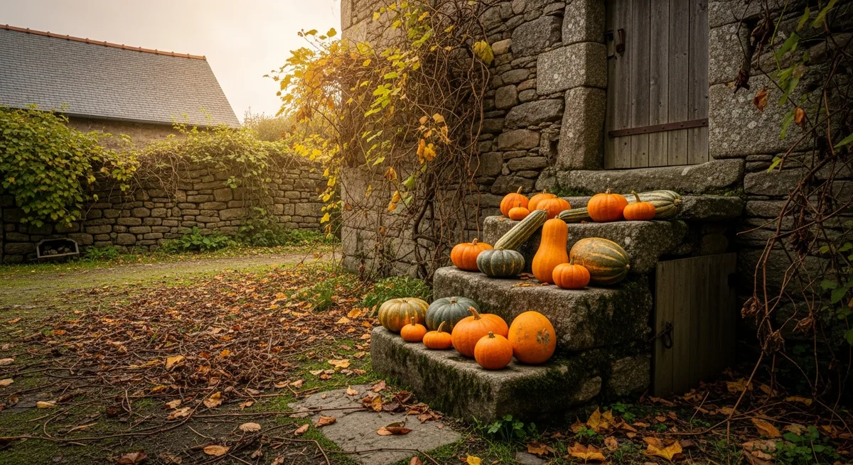 Courges et potimarrons récoltés posés sur les marches en granit d'une ferme bretonne à l'automne