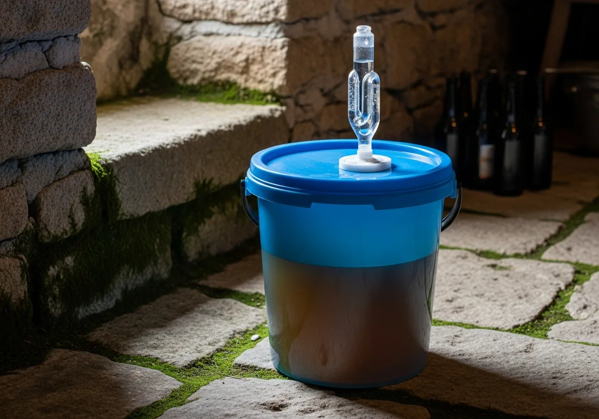 Fermenteur de brassage artisanal dans un cellier en pierre bretonne, barboteur sur le couvercle, lumière naturelle