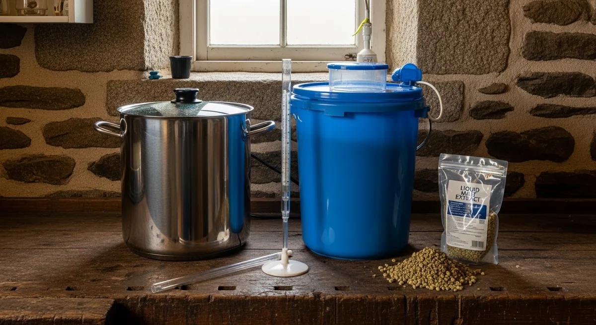 Fermenteur et matériel de brassage artisanal posés sur un établi en bois dans une vieille cuisine bretonne