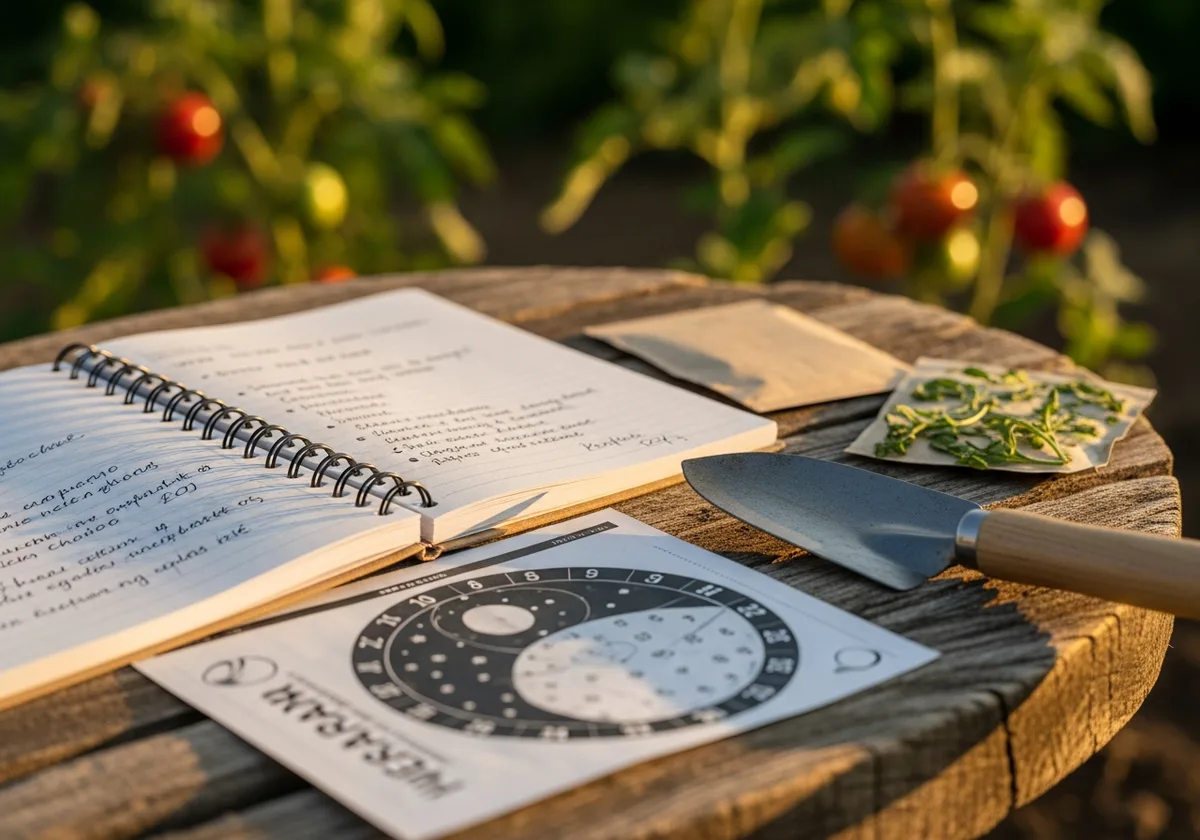 Carnet de jardinage avec notes lunaires et calendrier biodynamique posé sur une table de jardin, lumière dorée du soir