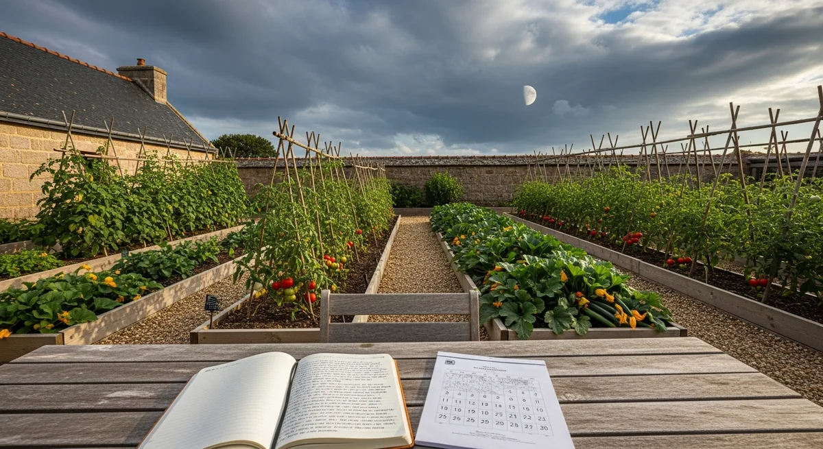 Potager breton au crépuscule avec carnet de notes et calendrier lunaire sur une table de jardin en bois
