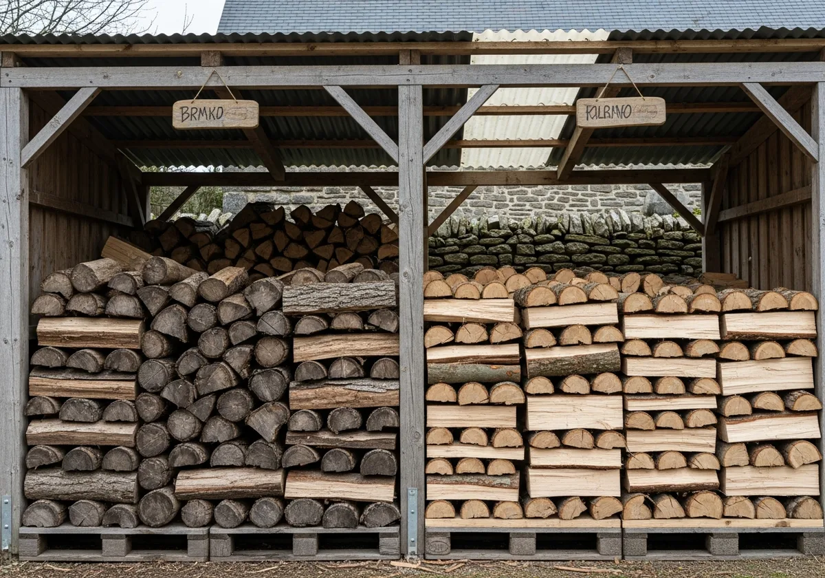 Abri à bois avec deux sections distinctes pour organiser la rotation du séchage du bois de chauffage