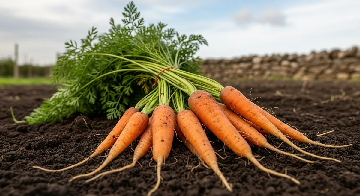 Carottes Chantenay fraîchement récoltées sur un sol argileux au potager breton de Lezavarn