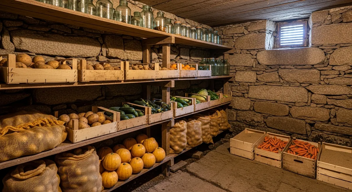 Cave en pierre de longère bretonne aménagée en cave à légumes avec étagères en bois et bocaux