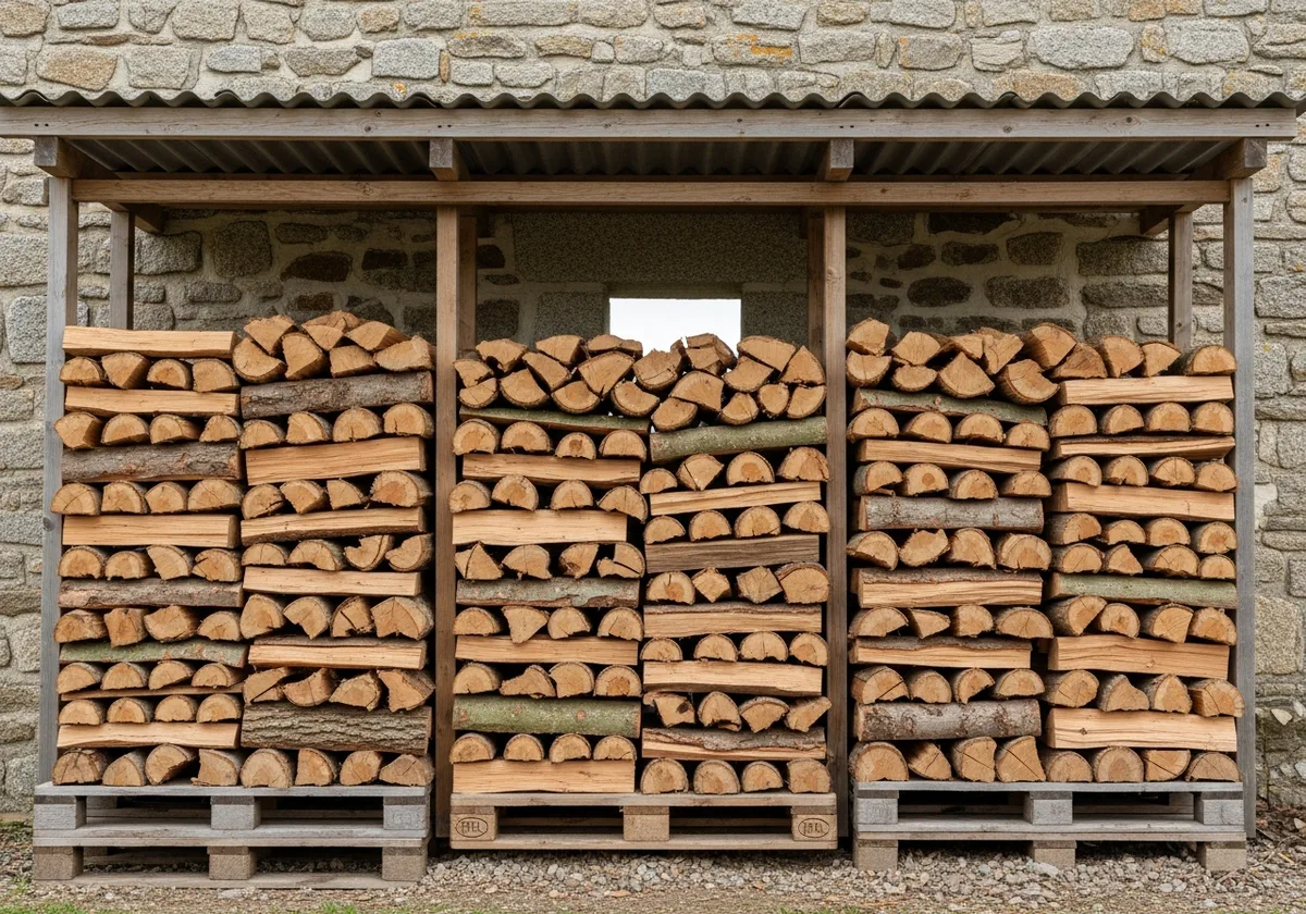 Bois de chauffage stocké sur palettes sous un appentis ouvert, longère en granit en arrière-plan