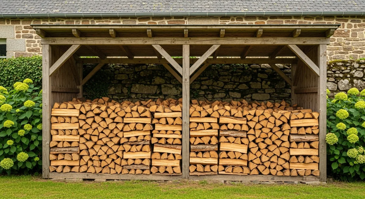 Stères de bois de chauffage empilés sous un appentis en Bretagne