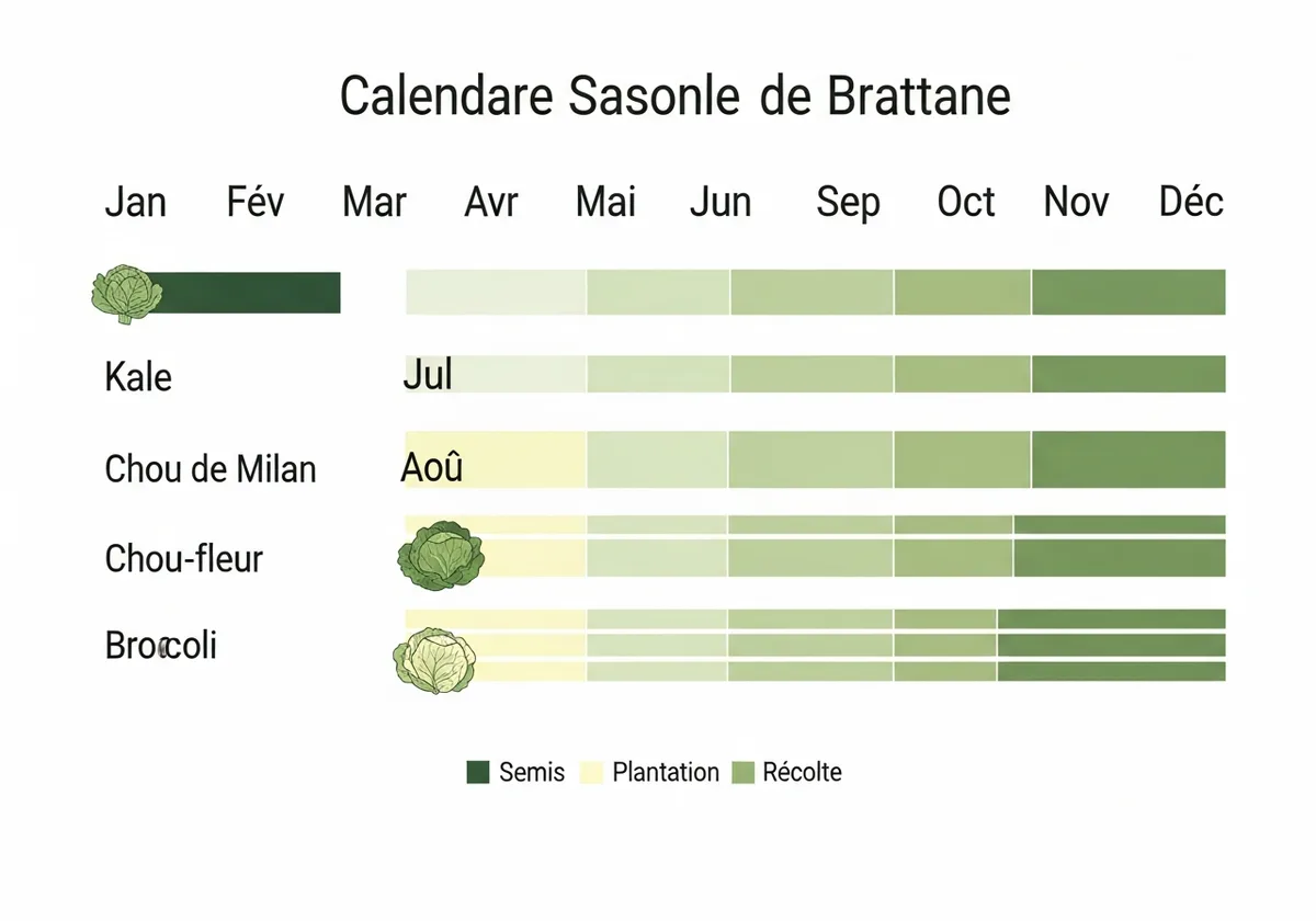 Calendrier semis et récoltes des choux au potager breton — kale, chou de Milan, chou-fleur et brocoli mois par mois