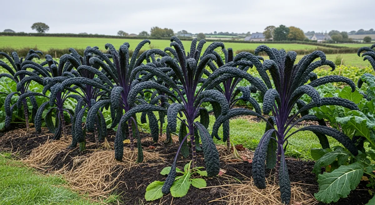Plants de kale et chou frisé dans un potager finistérien sous le ciel breton