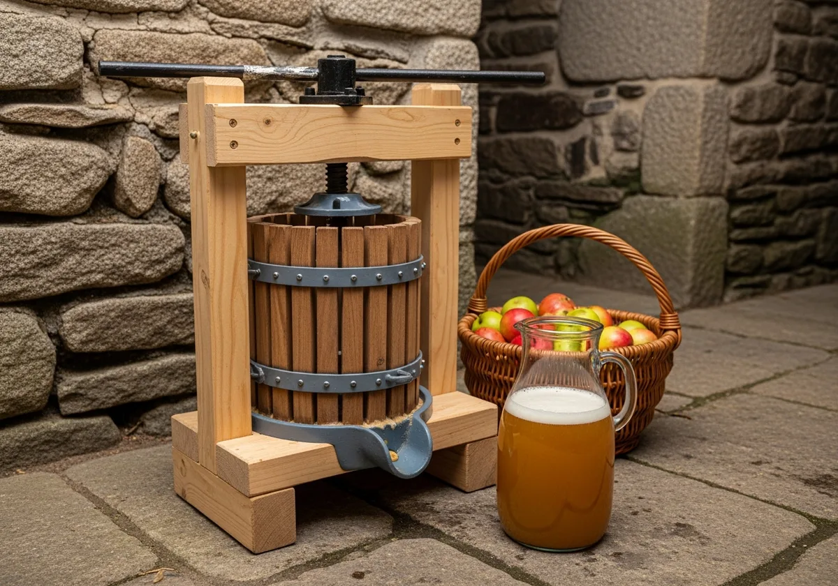 Pressoir en bois artisanal et bonbonne de moût de cidre dans le cellier en granite de la ferme de Lezavarn, Finistère