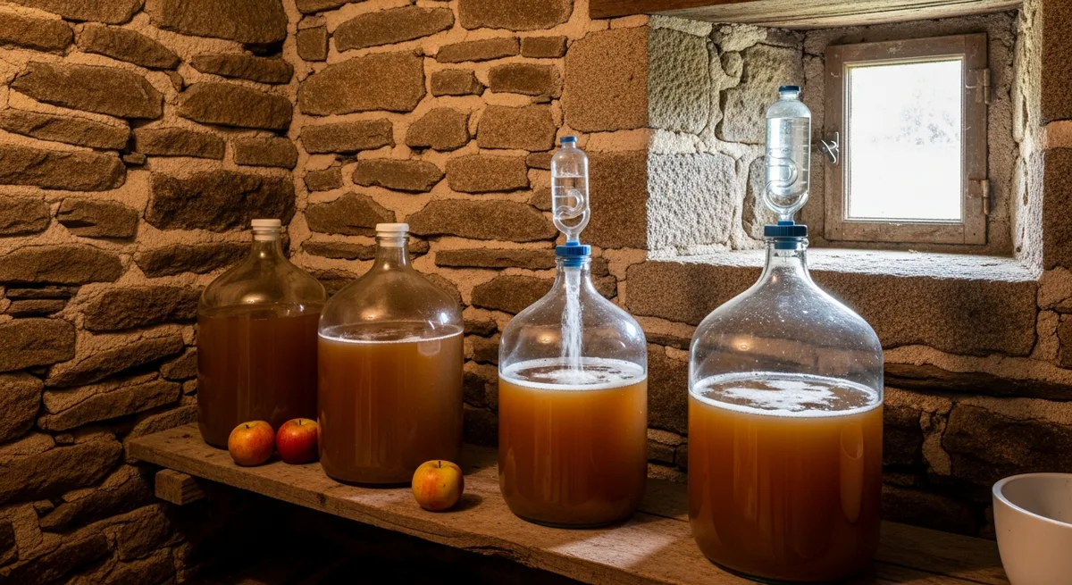 Bonbonne de fermentation remplie de moût de pommes trouble posée dans le cellier de la ferme de Lezavarn, Finistère