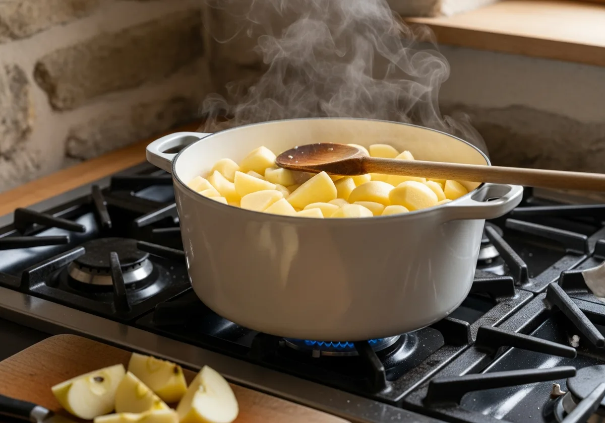 Pommes en train de mijoter dans un faitout sur le feu, compote de pommes maison en cours de cuisson