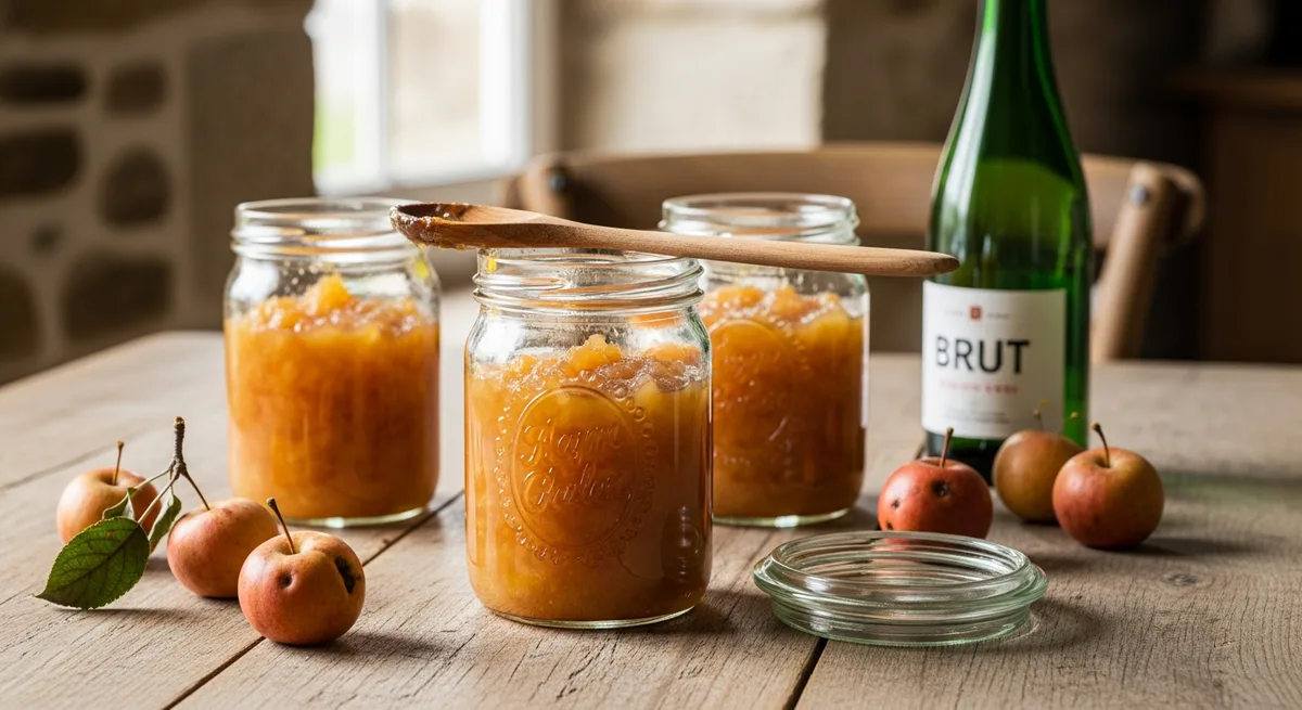 Bocaux de compote de pommes au cidre maison sur un plan de travail en bois, Finistère