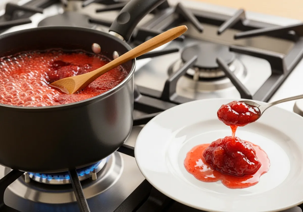 Confiture de fraises maison en cours de cuisson à feu vif — test de prise sur assiette froide