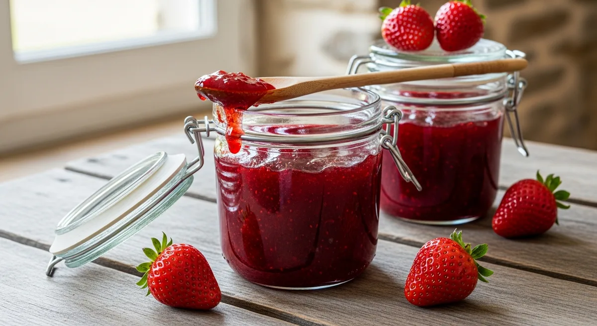 Deux pots de confiture de fraises maison au rouge brillant sur une table en bois rustique, cuillère en bois posée dessus