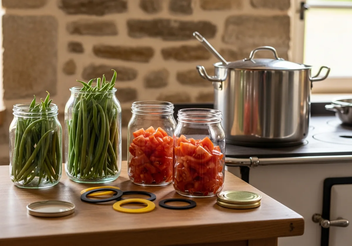 Bocaux en verre remplis de haricots verts et de tomates fraîches sur un plan de travail, prêts pour la stérilisation