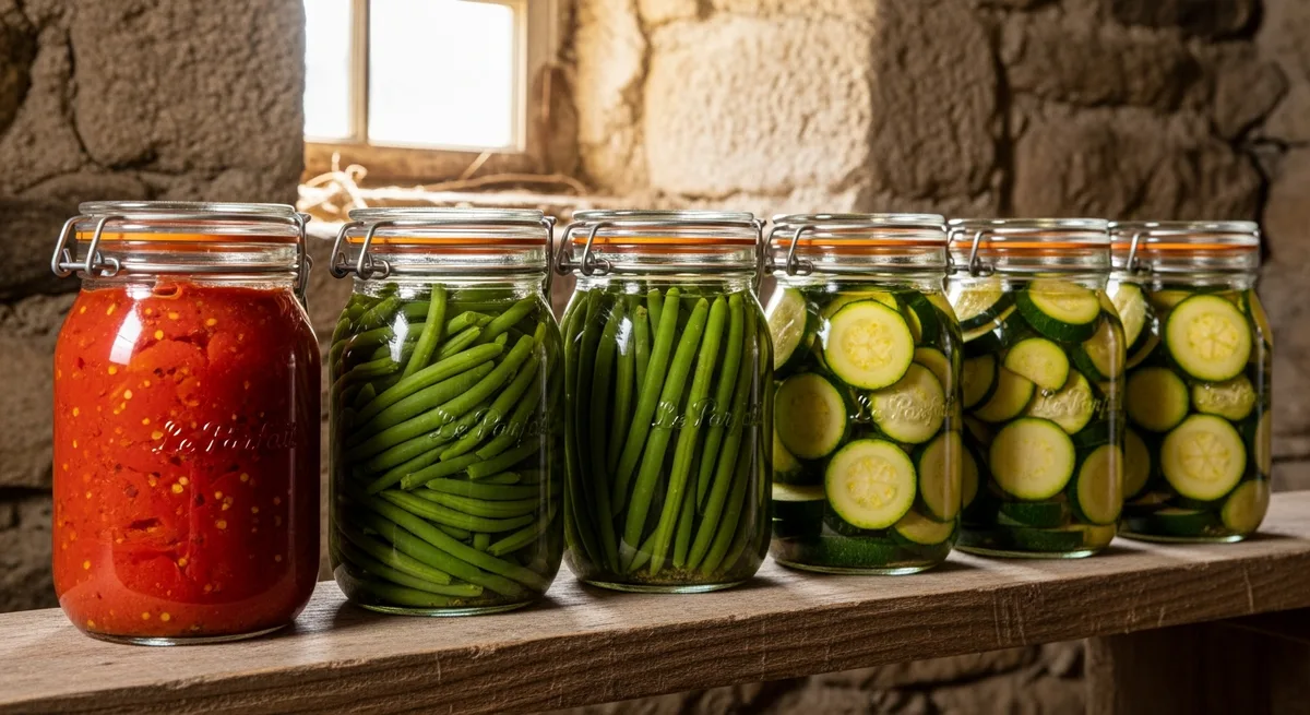 Rangée de bocaux en verre remplis de conserves de légumes maison sur une étagère en bois