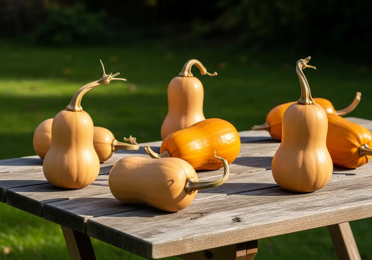 Courges butternut et potimarrons en train de ressuer à l'air libre sur une table en bois au jardin, lumière automnale douce