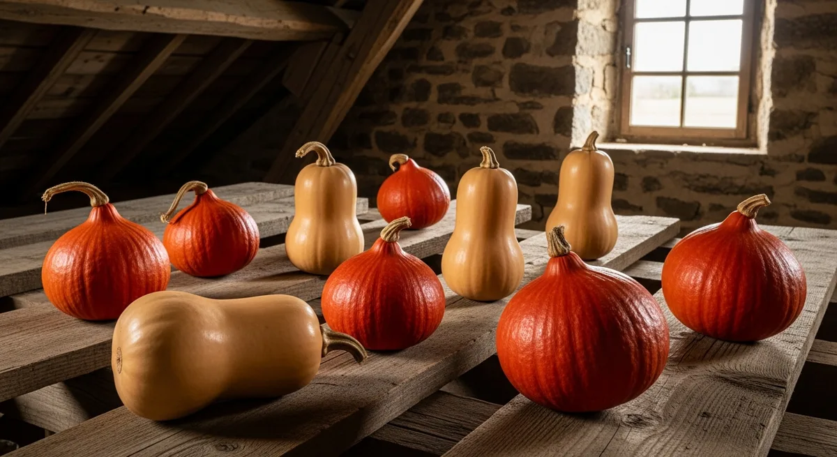 Courges butternut et potimarrons conservés sur des planches en bois dans un grenier de ferme bretonne