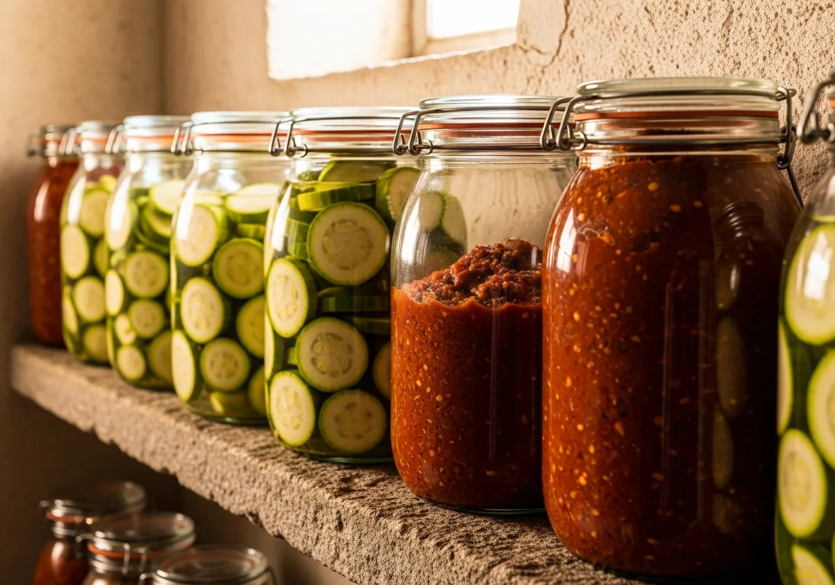 Bocaux de courgettes lacto-fermentées et de ratatouille maison alignés sur une étagère en pierre de cellier