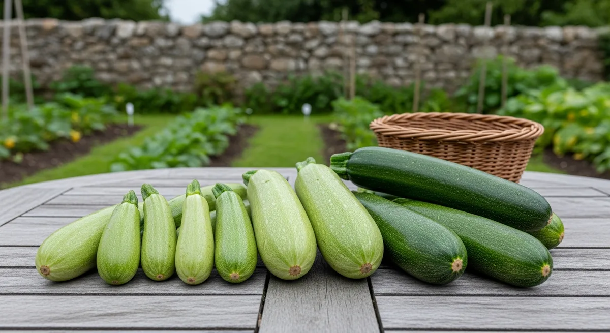 Courgettes fraîchement récoltées du potager de Lezavarn, posées sur une table en bois