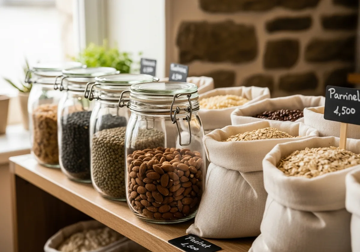Bocaux en verre et sacs en tissu remplis de légumineuses et céréales en vrac sur une étagère en bois d'une épicerie bretonne