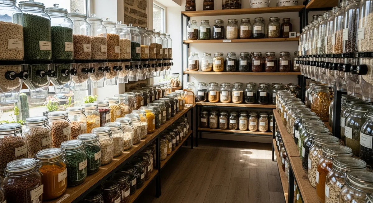 Bocaux en verre et sacs en tissu pour faire ses courses en vrac dans une épicerie bretonne