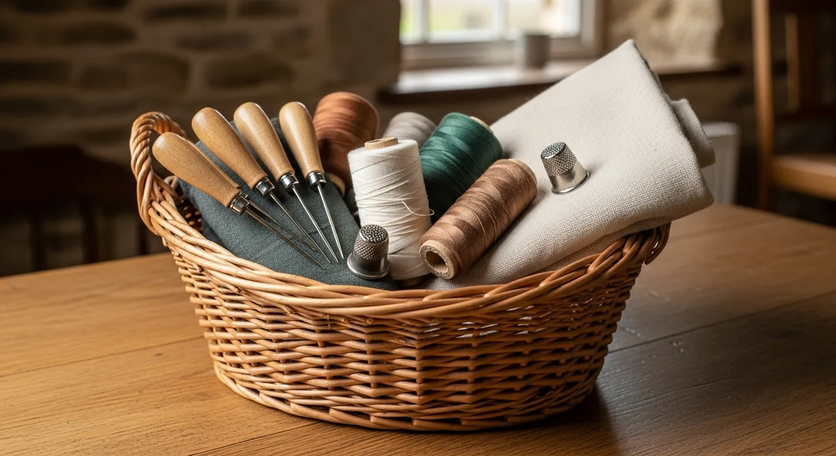 Panier de couture rustique avec bobines de fil, aiguilles et tissu sur une table en bois de ferme