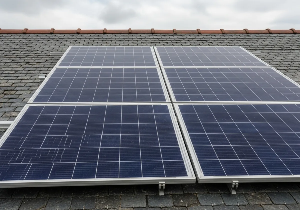 Panneaux solaires monocristallins sur ardoise bretonne, cellules photovoltaïques et toiture en granit visibles
