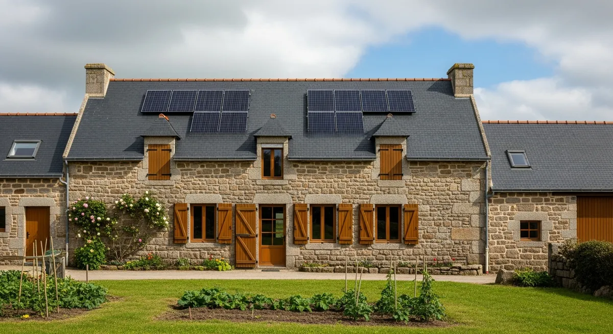 Panneaux solaires photovoltaïques sur la toiture ardoise d'une longère bretonne, Finistère