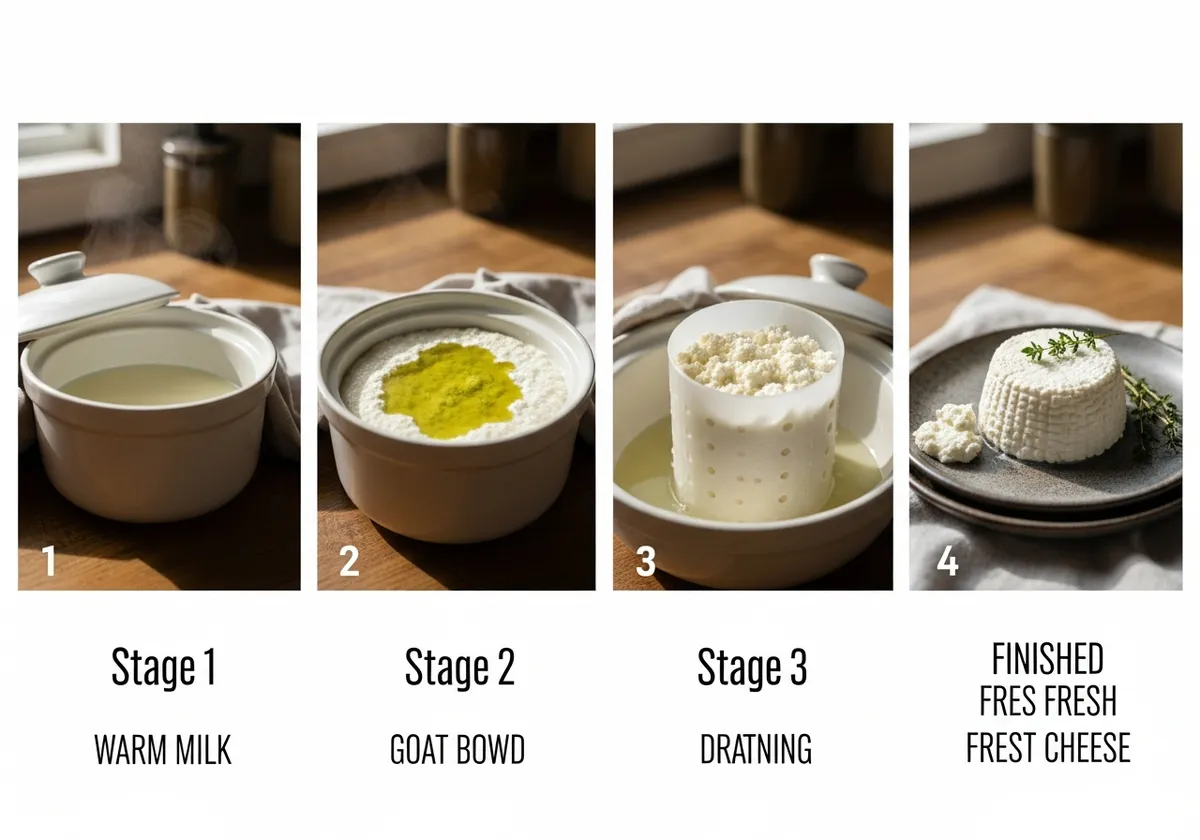 Fabrication du fromage frais maison en 4 étapes : lait ensemencé, caillé formé, égouttage en faisselle, fromage démoulé