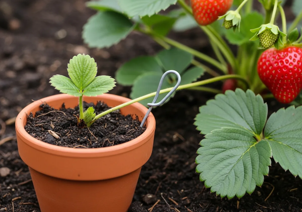 Stolon de fraisier en cours d'enracinement dans un petit pot, crampon fil de fer visible, multiplication par stolons au potager