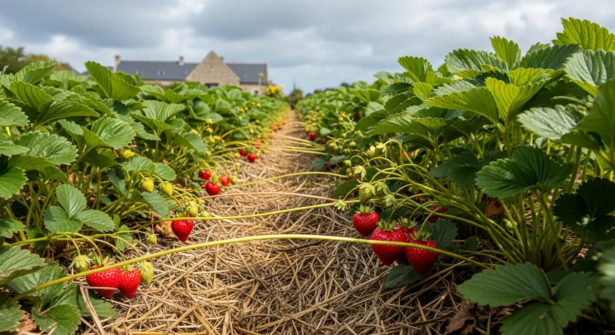 Fraisiers en pleine production dans un potager breton, fraises rouges mûres sur feuilles vertes