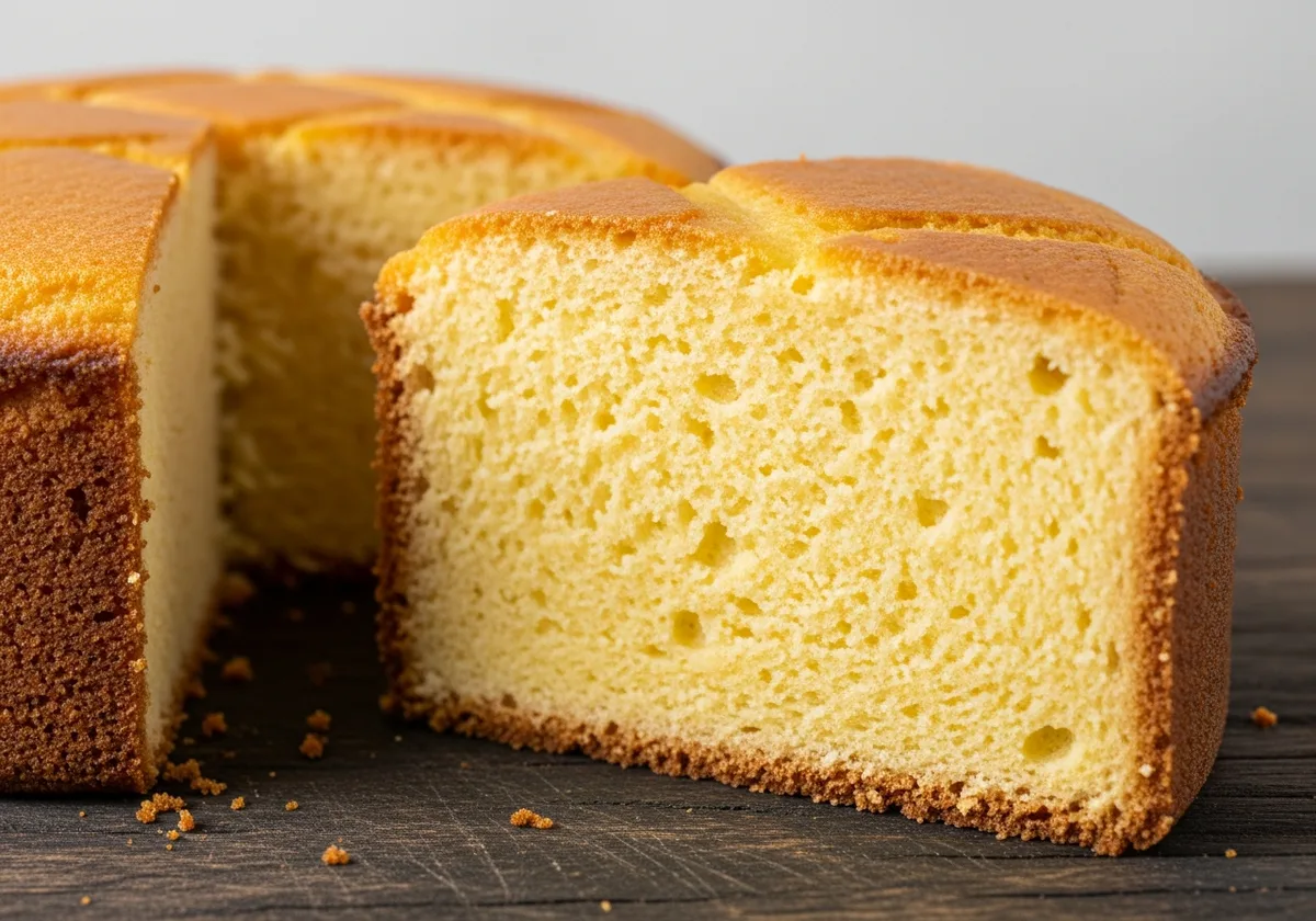 Tranche de gâteau breton pur beurre montrant l'épaisseur et la texture fondante dorée
