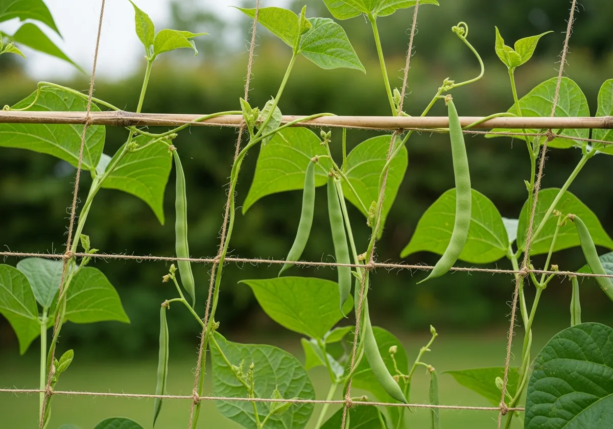 Haricots verts grimpants sur un filet de bambou au potager breton, gousses prêtes à récolter