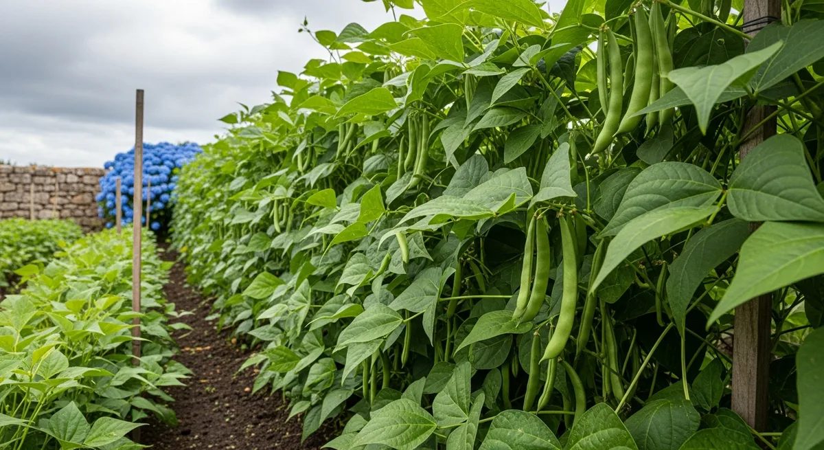 Rangées de haricots verts en fleurs dans un potager breton, gousses prêtes à cueillir