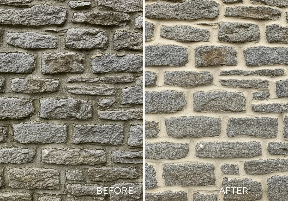 Mur en granit : joints au ciment Portland humides à gauche, rejointoyés à la chaux NHL secs à droite