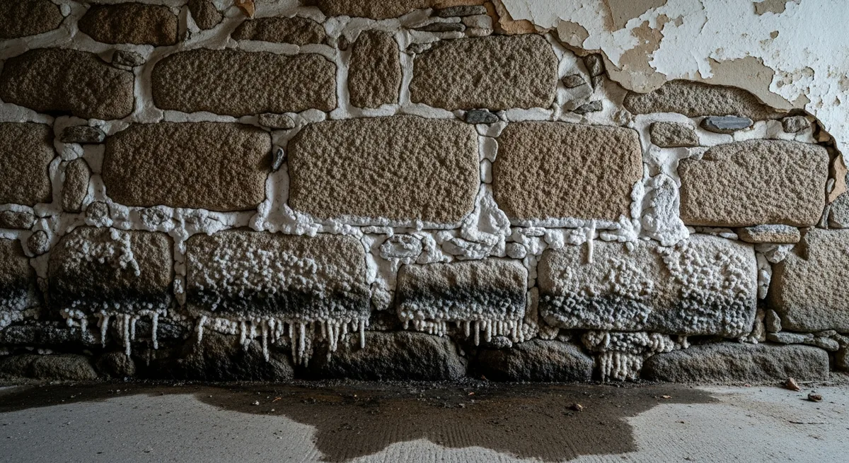 Mur en pierre humide avec traces de salpêtre dans une longère bretonne