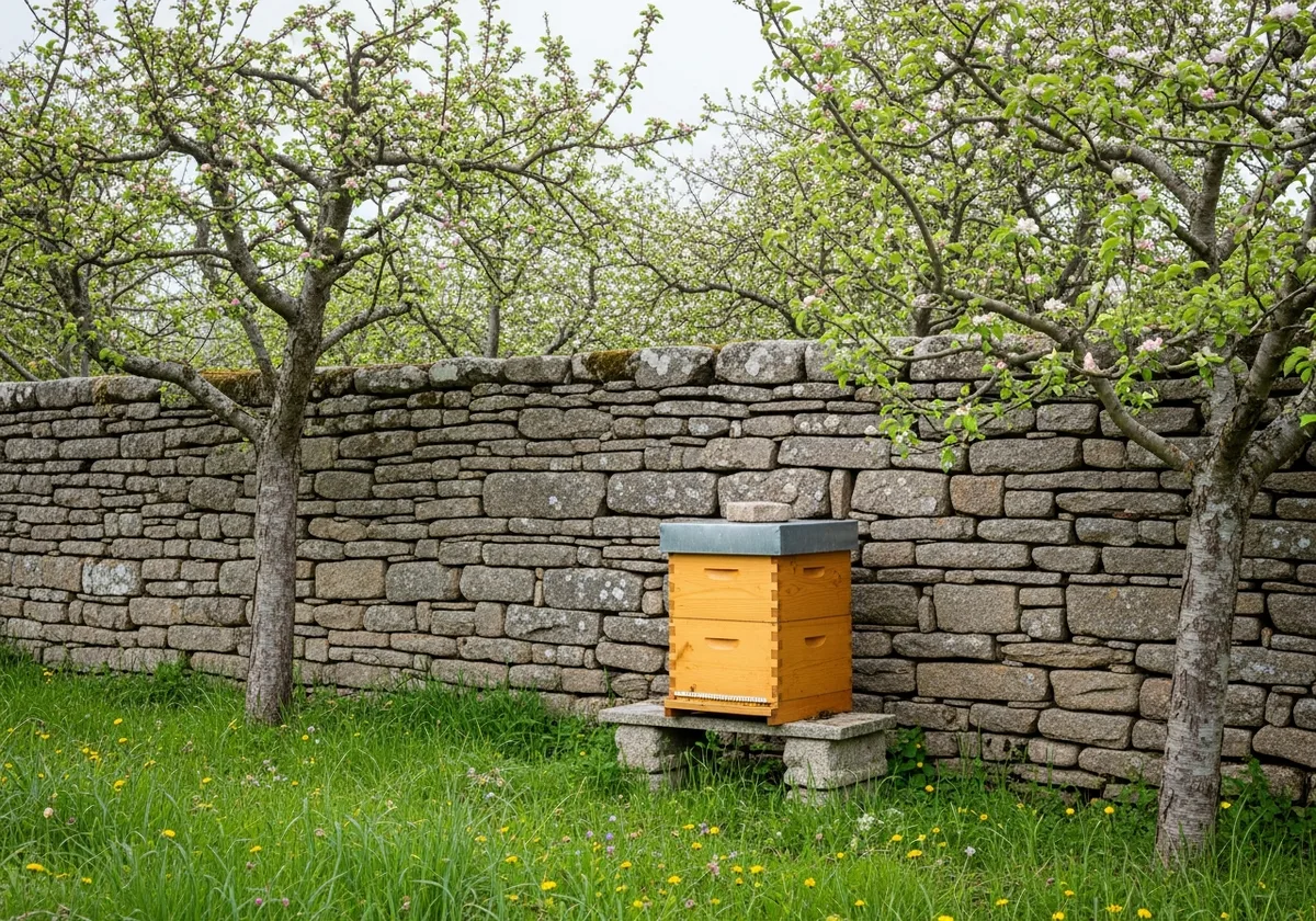 Ruche Dadant installée contre un mur de granit breton dans un verger en fleurs de printemps