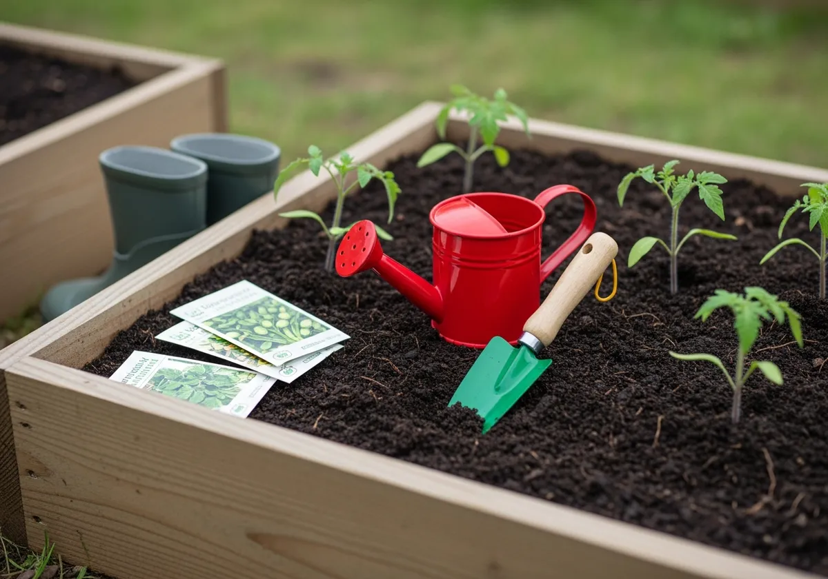 Outils de jardinage à taille enfant — arrosoir, pelle et semis dans un carré potager breton