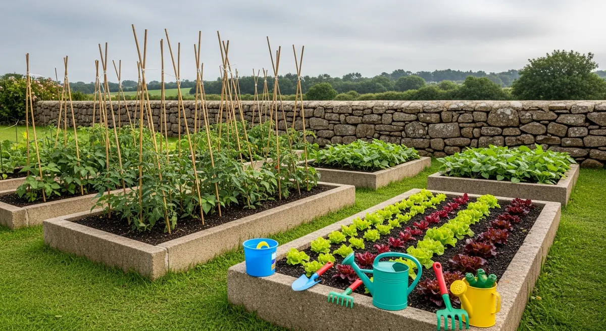 Potager breton avec outils de jardinage à taille enfant — petite pelle, arrosoir rouge et semis de tomates dans un carré surélevé