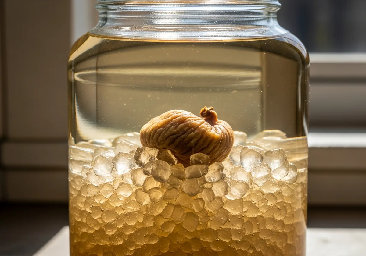 Grains de kéfir d'eau translucides et figue sèche dans un bocal en verre — fermentation maison
